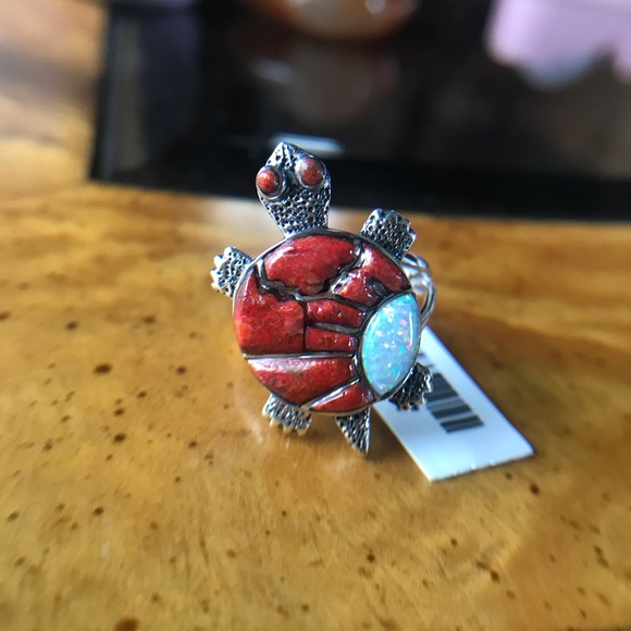 Coral White Opal Sterling Silver Turtle Ring - Picture 1 of 8
